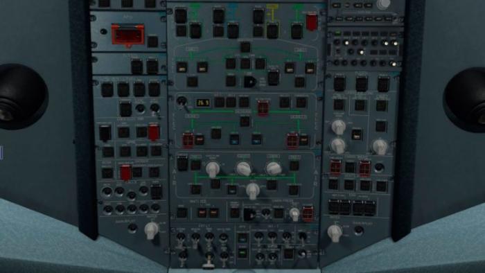 The overhead panel is very familiar, differing very slightly from the Airbus A320