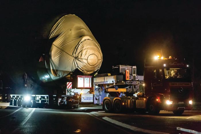 The ghost-like forward-fuselage comes out of the night during the convoy’s second stage of its road journey to Toulouse.