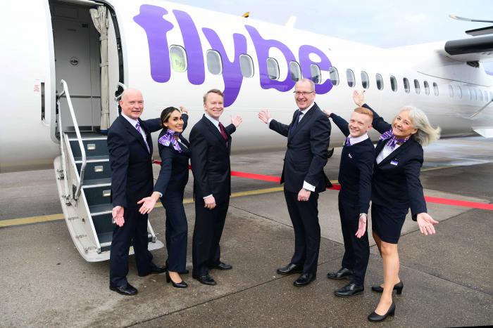 Happier times: Flybe 2.0 CEO Dave Pflieger (centre left) with Birmingham Airport chief executive, Nick Barton in April 2022 for the launch of the carrier’s first revenue service