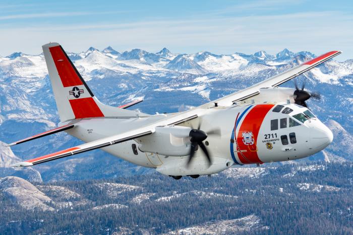 A USCG-operated HC-27J Spartan (serial 2711) from Coast Guard Air Station Sacramento, California, flies over the Yosemite National Park - also in California - during an area familiarization training flight on February 6, 2018.