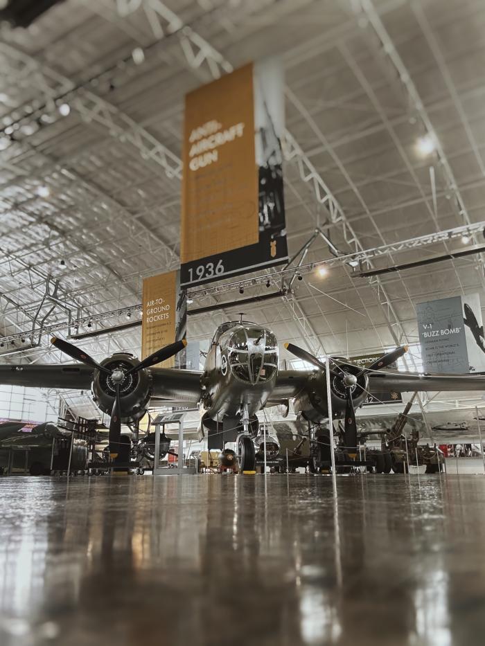 The FHCAM's B-25J Mitchell in one of the Paine Field display buildings.