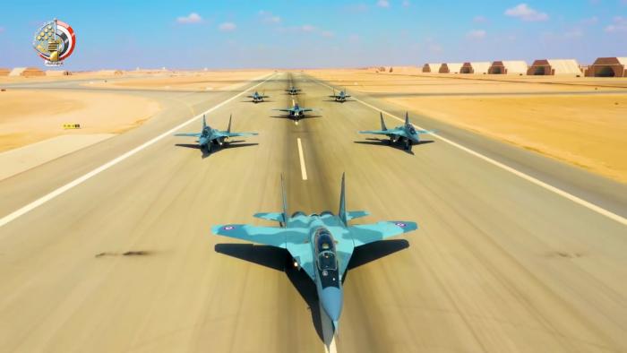 A flight of Egyptian Air Force MiG-29M/M2 fighters conduct an elephant walk formation during the Qadir-2020 military drills. A detachment of MiG-29M/M2s are believed to have been damaged or destroyed while deployed to Merowe Air Base in Sudan following the start of conflict in the country on April 15