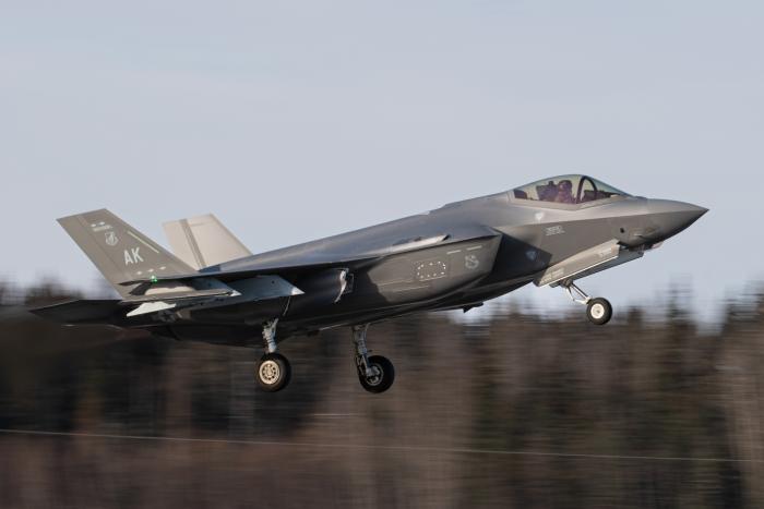 A USAF-operated F-35A Lightning II assigned to the 354th FW's 356th FS 'Green Demons' at Eielson AFB, Alaska, takes off for a mission during Exercise Arctic Gold 23-2 on April 23, 2023. The USAF revealed on April 18 that Barnes ANGB in Massachusetts will host the air arm's next F-35A squadron.