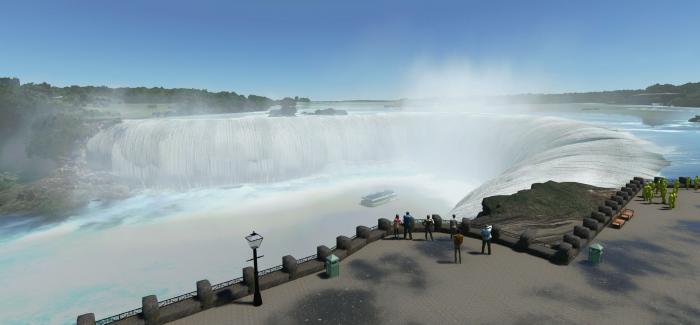 The Niagara Falls are animated with sounds, mist, and lighting effects.