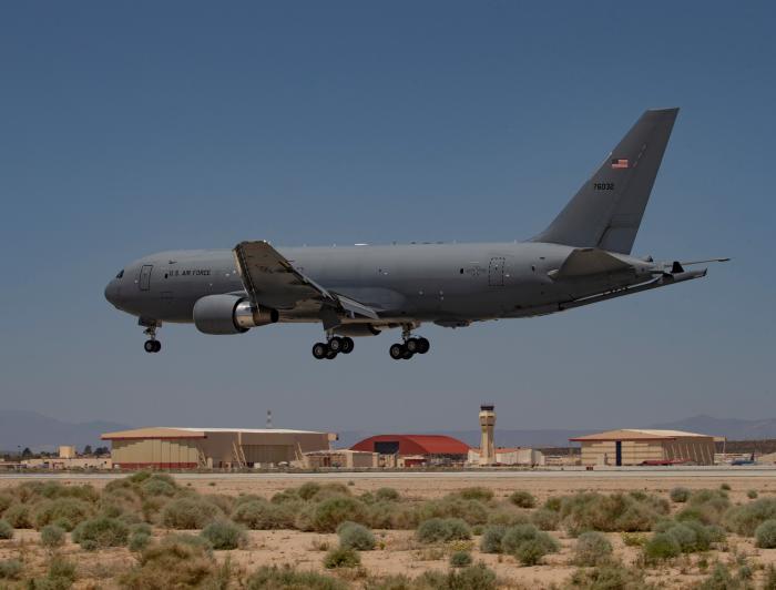 Boeing KC-46A Pegasus (serial 17-46032) of the USAF's 22nd ARW prepares to touch down at Edwards AFB, California, after being relocated from McConnell AFB, Kansas, on May 11, 2023, due to severe thunderstorms that were scheduled to hit the Kansas base later that day.