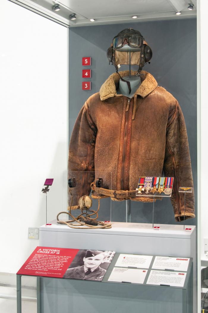 The flying jacket, flying helmet and medals of Hampden wireless operator/air gunner Sgt John Hannah VC.