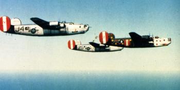 The 458th Bomb Group’s second assembly ship at work over Norfolk in the summer of 1944. This B-24H had a troublesome career with the 754th Bomb Squadron flying only seven combat missions before being modified for assembly ship duties in May that year.